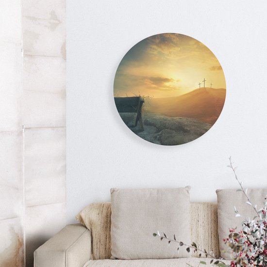 Artaza Dibond Muurcirkel Kribbe en Drie Kruisen  - Ø 60 cm - Wandcirkel - Rond Schilderij - Voor Binnen en Buiten