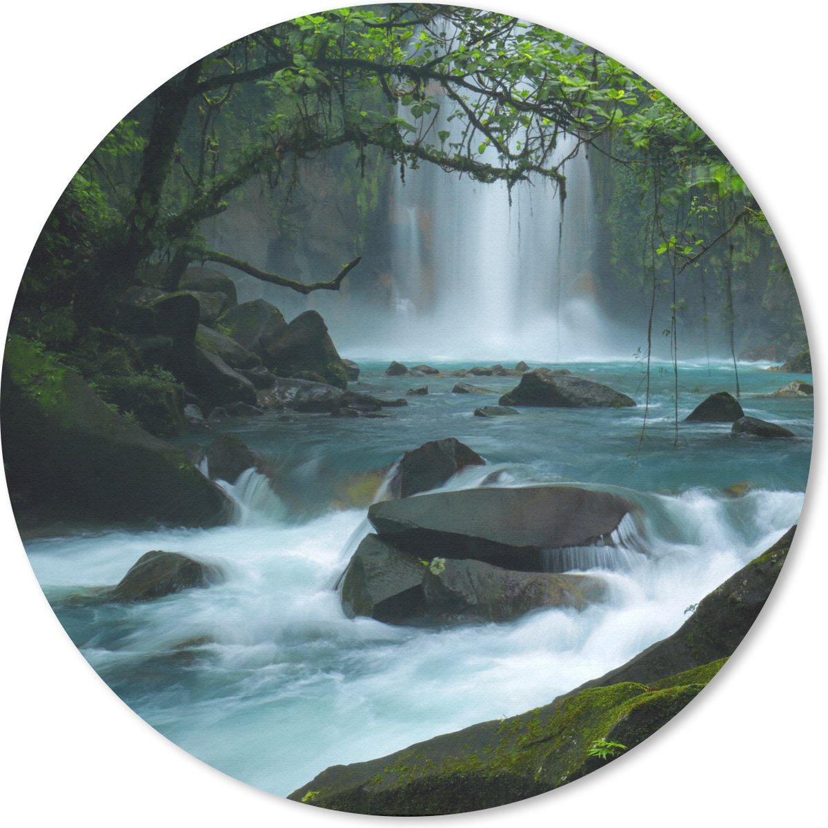 Muismat - Mousepad - Rond - Helderblauwe wilde rivier en watervallen in het regenwoud van Costa Rica - 40x40 cm - Ronde muismat