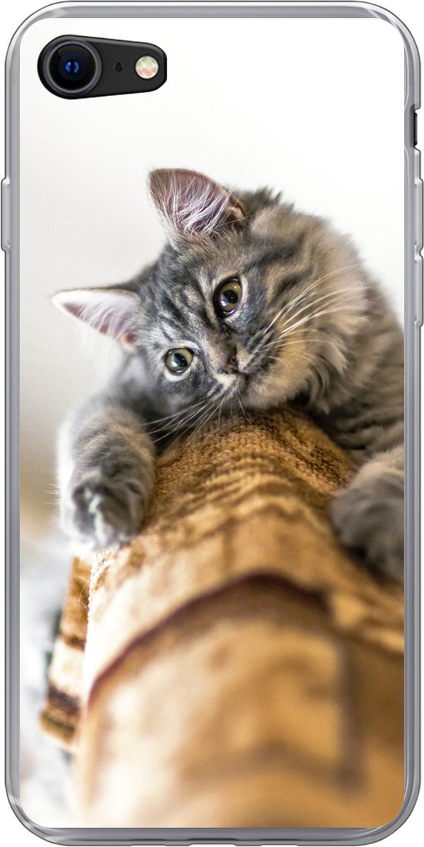 Telefoonhoesje Geschikt voor iPhone SE 2020 hoesje - Kat - Krabpaal - Grijs - Siliconen Telefoonhoesje Telefoonhoesje