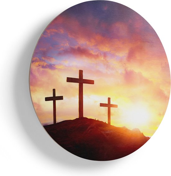 Artaza Houten Muurcirkel - Kruisiging van Jezus Christus - Drie Kruisen - Ø 75 cm - Multiplex Wandcirkel - Rond Schilderij