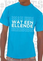 WAT EEN ELLENDE heren t-shirt - Azuur blauw met wit - Maat XL - korte mouwen - leuke shirtjes - grappig - humor - quotes - kwoots - Wat een puinhoop