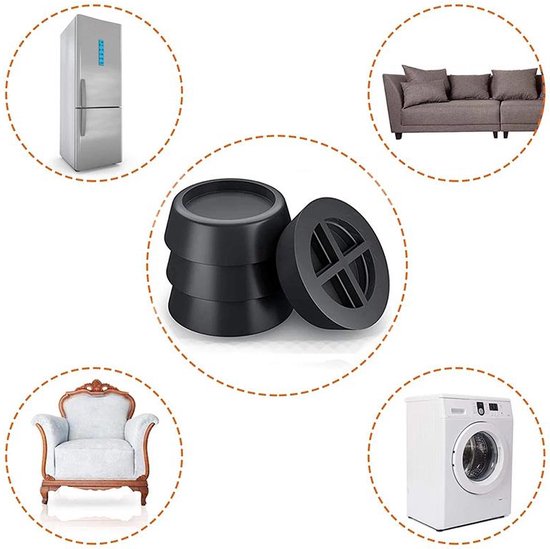 Zwarte trillingsdempers met kruispatroon, omringd door een koelkast, bank, fauteuil en wasmachine.