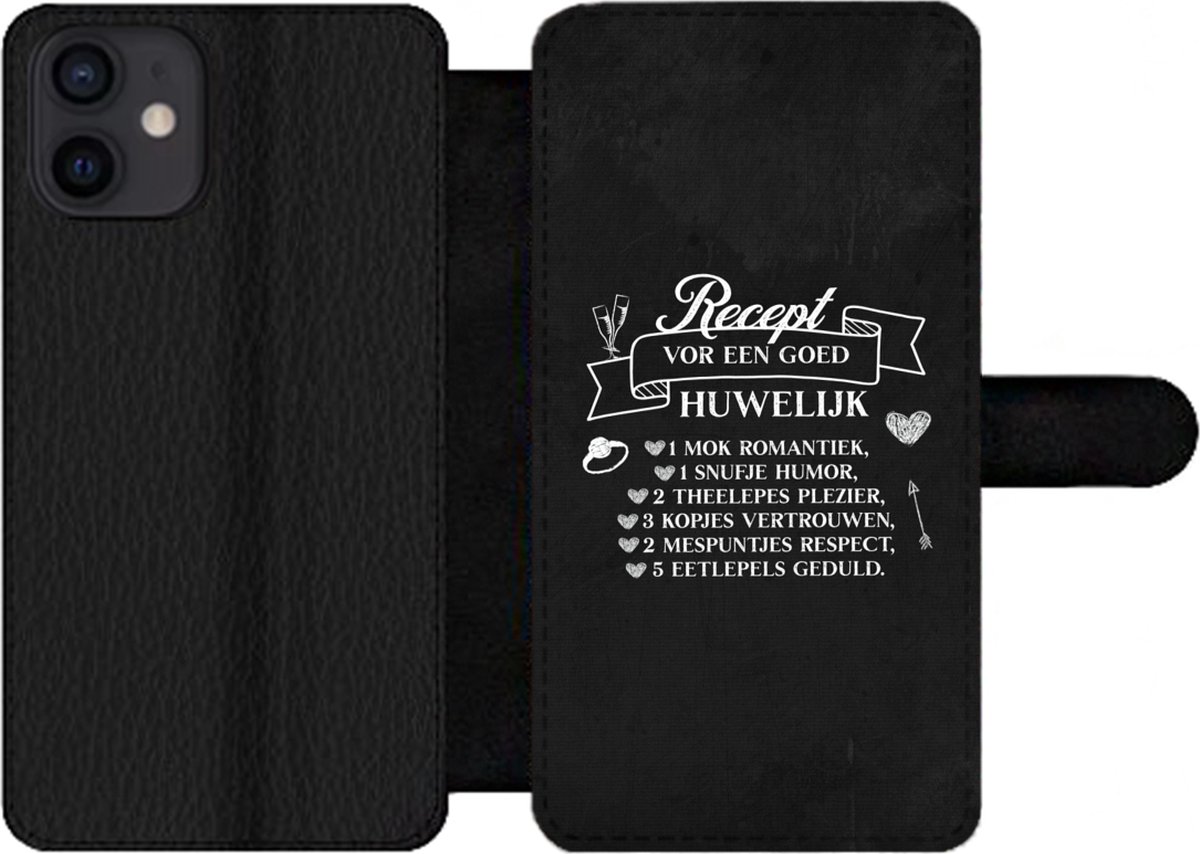 Telefoonhoesje Geschikt voor iPhone 12 telefoonhoesje - Quote ''Recept voor een goed huwelijk'' - Met vakjes - Wallet case met magneetsluiting