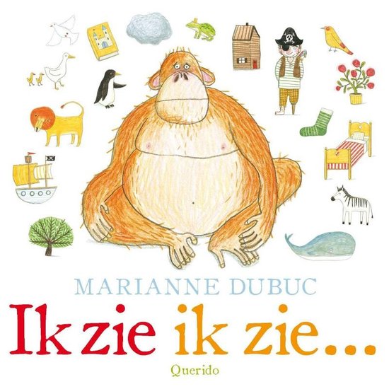 Boekomslag met een grote oranje orang-oetan omringd door kleine illustraties van dieren, objecten en een piraat.