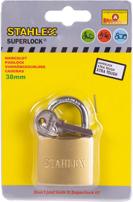 Cadenas Stahlex Superlock de 38mm en emballage avec clé et classe de sécurité A.