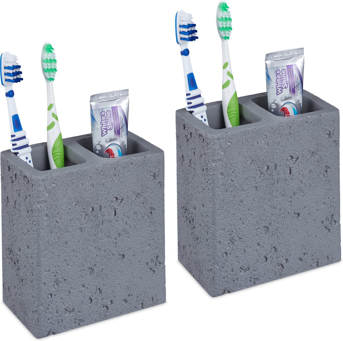 Relaxdays tandenborstelhouder - set van 2 - tandenborstelbeker - pennenbakje beton - grijs