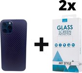 Backcase Carbon Hoesje iPhone 12 Pro Blauw - 2x Gratis Screen Protector - Telefoonhoesje - Smartphonehoesje