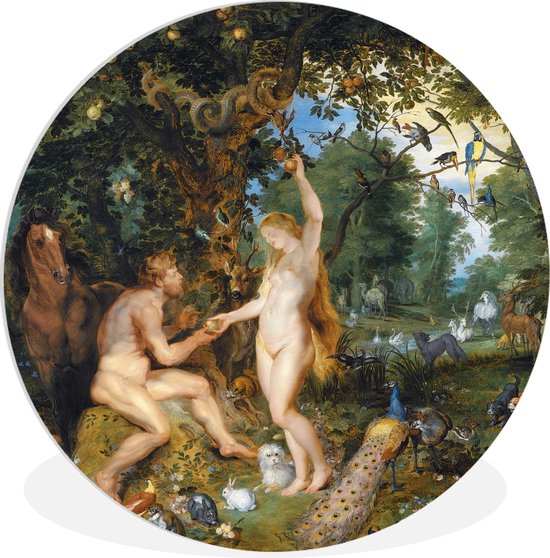 WallCircle - Wandcirkel - Muurcirkel Binnen - Het aardse paradijs met de zondeval van Adam en Eva - Schilderij van Peter Paul Rubens - 120x120 cm - Wanddecoratie - Ronde Schilderijen XXL