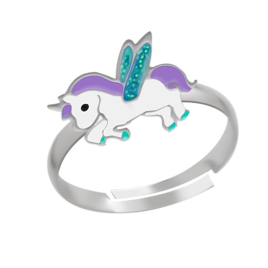 Zilveren ring, eenhoorn met paarse manen en glittervleugels
