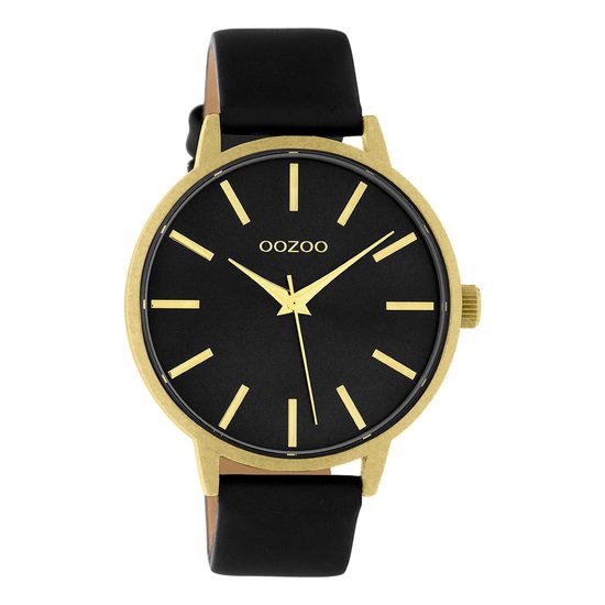 OOZOO Timepieces - goudkleurige horloge met zwarte leren band - C10838 - Ø42