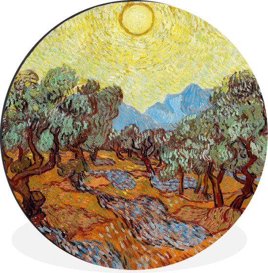 WallCircle - Wandcirkel - Muurcirkel - Olijfbomen met gele hemel en zon - Schilderij van Vincent van Gogh - Aluminium - Dibond - ⌀ 60 cm - Binnen en Buiten