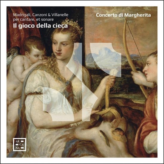 Albumhoes met schilderij van een vrouw met een cupid in een landschap. Tekst: 'Il gioco della cieca', 'Concerto di Margherita'.