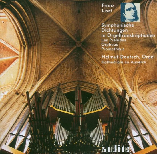 Een orgel in een kathedraal, gefotografeerd vanuit een laag perspectief naar boven. Portret van Franz Liszt.