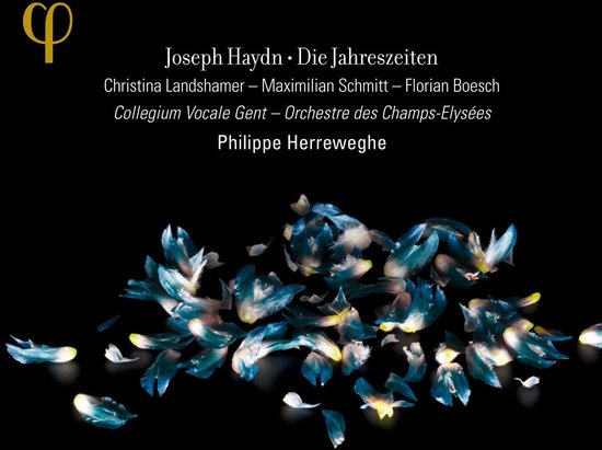 Gouden symbool met tekst Joseph Haydn - Die Jahreszeiten, artiesten en orkest. Cluster van blauwe, doorschijnende bloemblaadjes met gele accenten op zwarte achtergrond.
