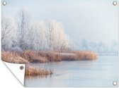 Tuinschilderij Landschap - Winter - Sneeuw - IJs - Ochtend - 80x60 cm - Tuinposter - Tuindoek - Buitenposter