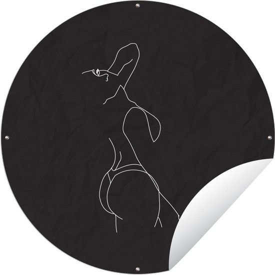 Tuincirkel Vrouw - Line art - Wit - Zwart - 150x150 cm - Ronde Tuinposter - Buiten