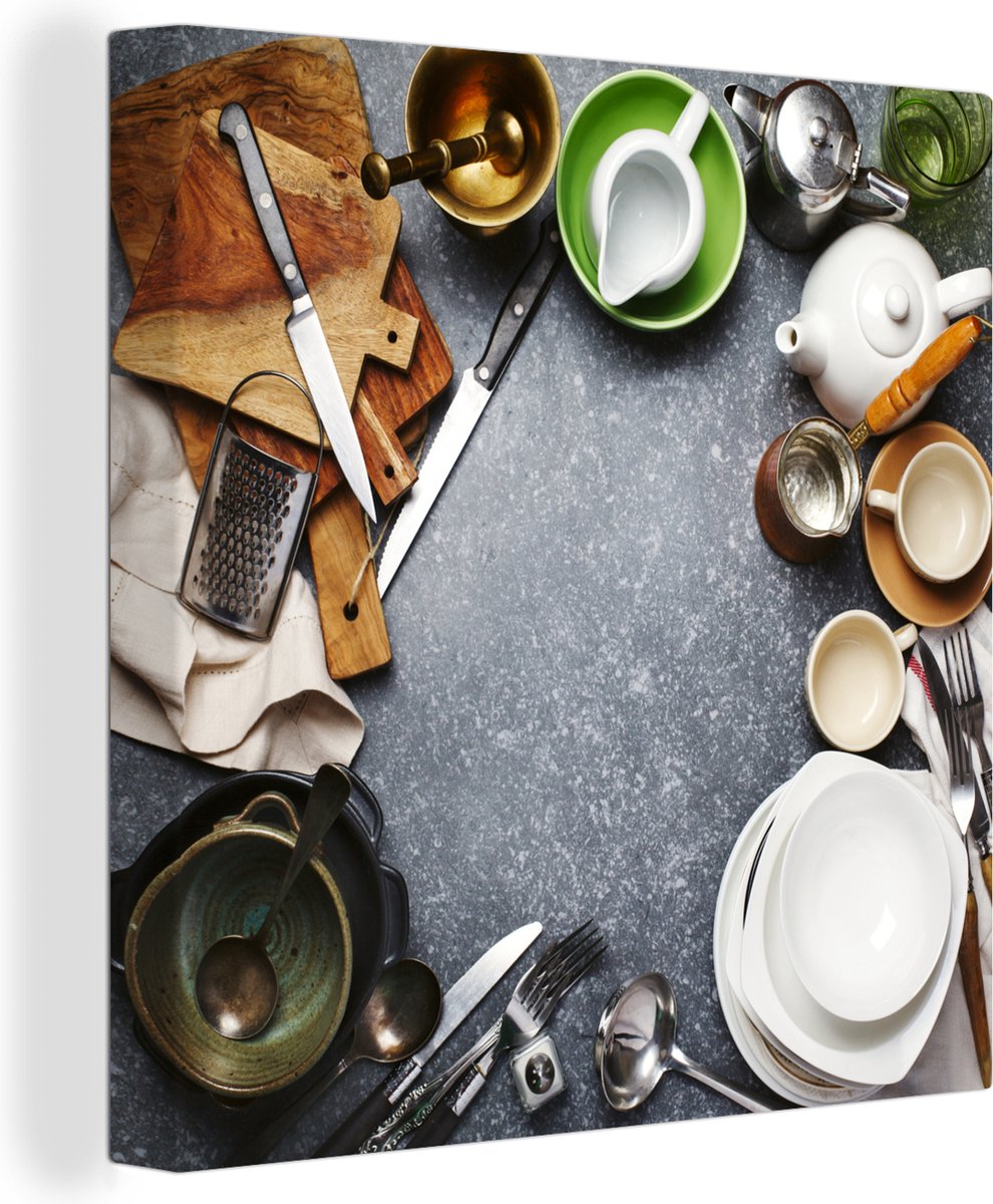Canvas Schilderij Kookgerei - Keuken - Bestek - 90x90 cm - Wanddecoratie