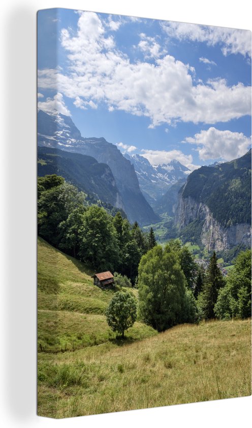 Canvas schilderij 90x140 cm - Wanddecoratie Landschap van Lauterbrunnen in Zwitserland - Muurdecoratie woonkamer - Slaapkamer decoratie - Kamer accessoires - Schilderijen