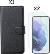 Samsung S22 hoesje Zwart Samsung Galaxy S22 5G hoesje bookcase portemonnee cover - Samsung hoesje S22 - Samsung S22 screenprotector / 2X Beschermglas
