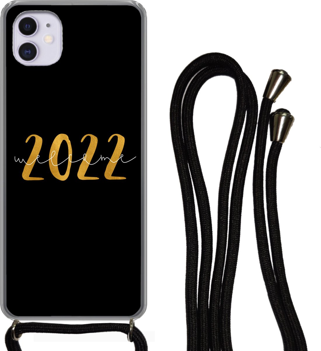 Telefoonhoesje Geschikt voor iPhone 12 - Nieuwjaar - Goud - Welcome 2022 - Spreuken - Quotes - Siliconen - Crossbody - Backcover met Koord - Telefoonhoesje met koord - Hoesje met touw Telefoonhoesje