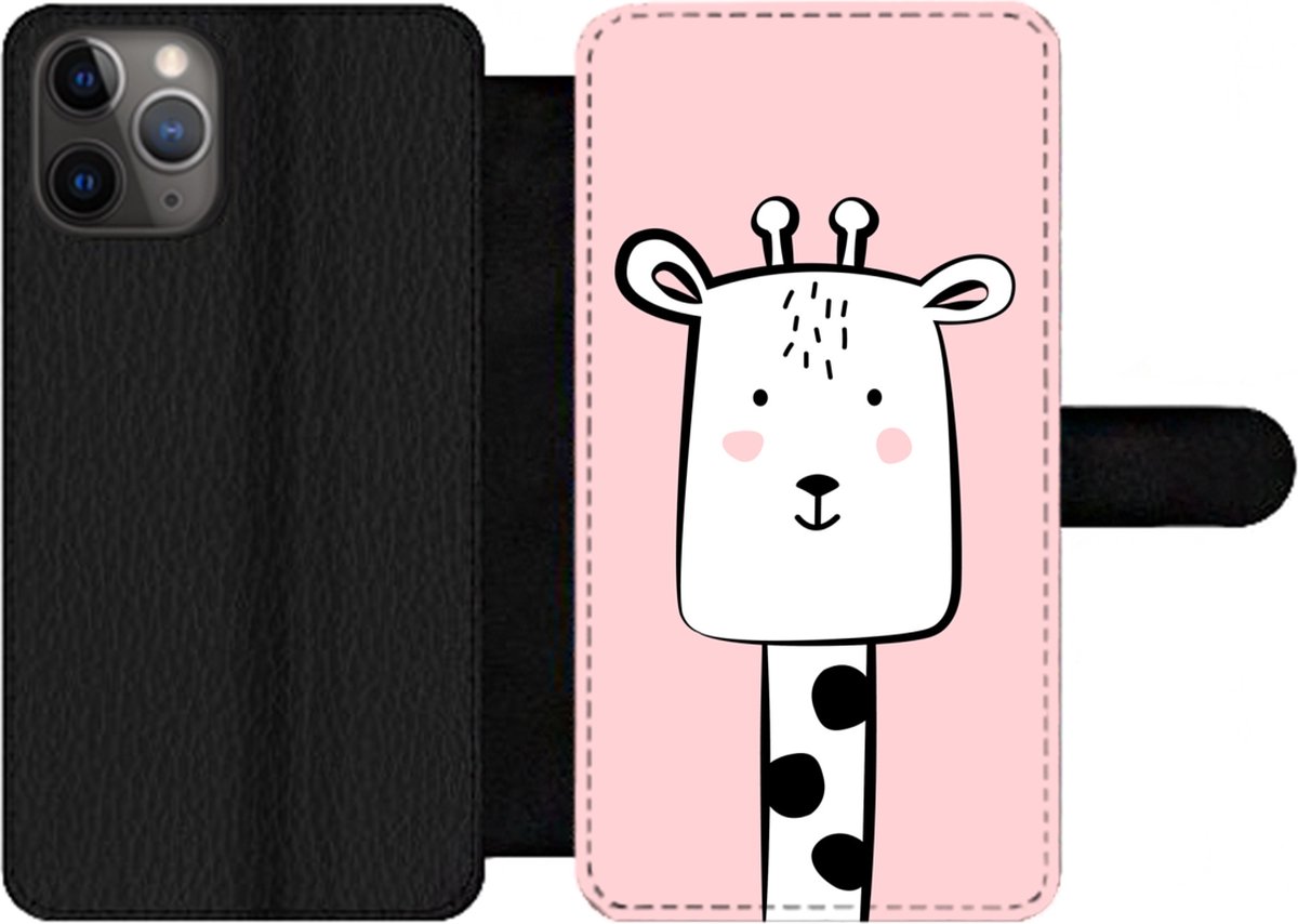 Telefoonhoesje Geschikt voor iPhone 11 Pro Max telefoonhoesje - Giraffe - Kinderen - Roze - Met vakjes - Wallet case met magneetsluiting