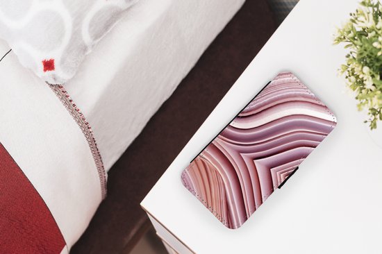 Bookcase Convient pour étui de téléphone iPhone 12 - Pierres naturelles - Rose - Gros plan - Avec compartiments - Étui portefeuille avec fermeture magnétique