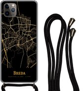 Telefoonkoord - Telefoonketting - Hoesje met koord Geschikt voor iPhone 11 Pro - Breda - Plattegrond - Goud - Zwart - Siliconen - Crossbody - Telefoonhoesje met koord - Stadskaart