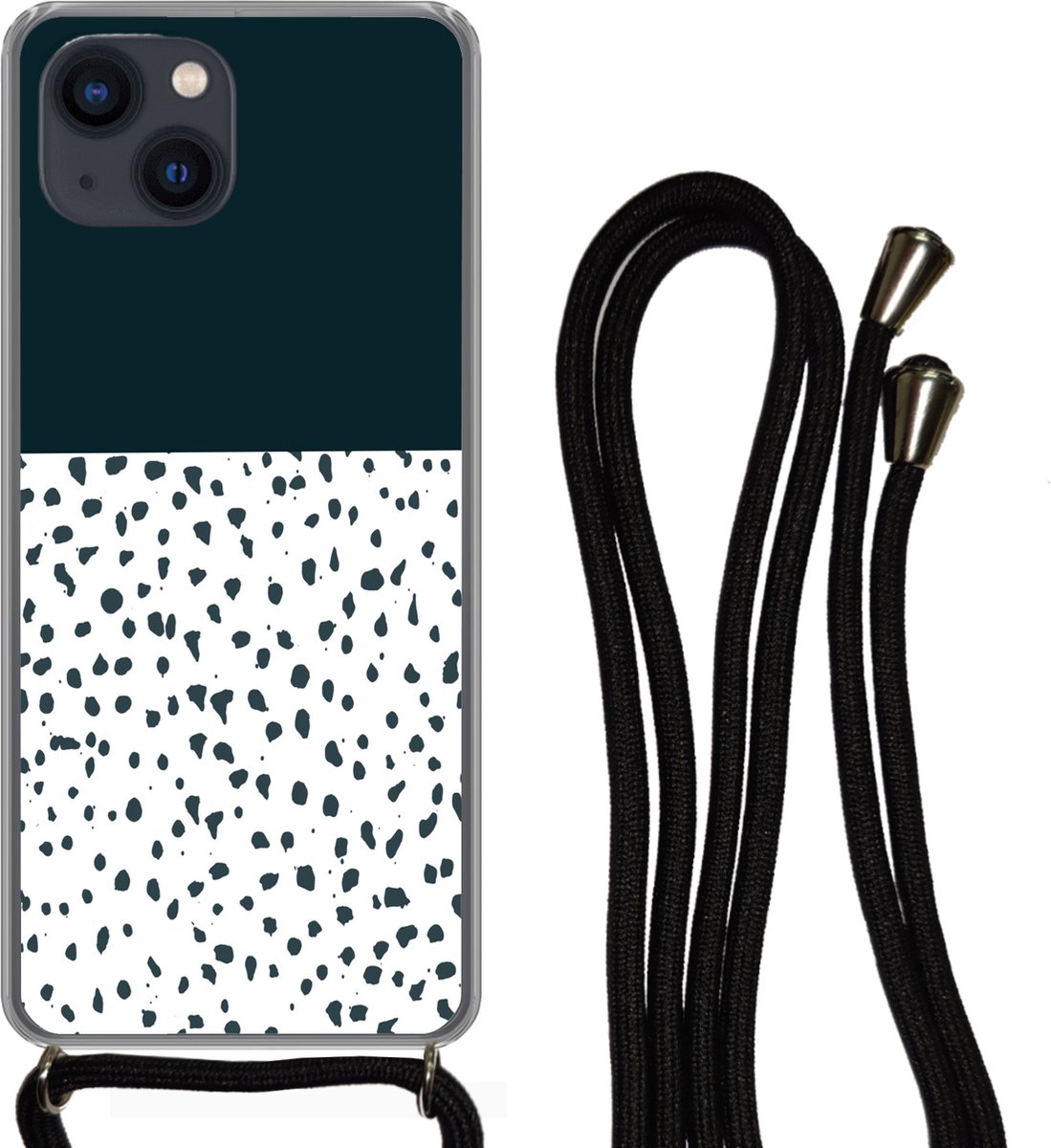 Telefoonkoord - Telefoonketting - Telefoonhoesje Geschikt voor iPhone 13 Mini - Stippen - Zwart - Wit - Siliconen - Crossbody - Telefoonhoesje met koord Telefoonhoesje