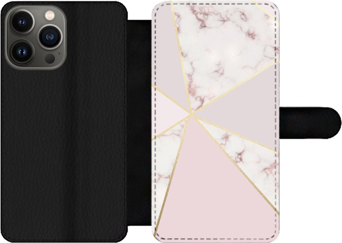 Telefoonhoesje Geschikt voor iPhone 13 Pro Max telefoonhoesje - Marmer print - Goud - Rosé - Met vakjes - Wallet case met magneetsluiting