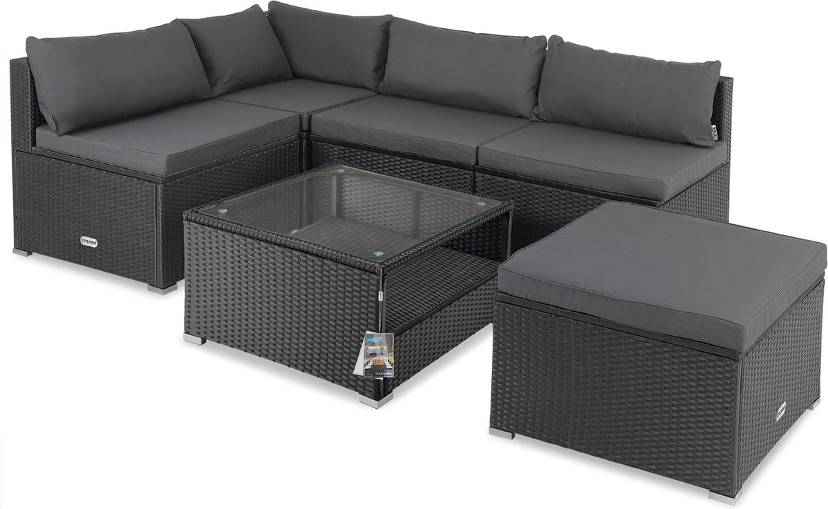 Casaria Polyrattan Loungeset - Zwarte tuinset met kussens en tafel