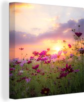 Canvas Schilderij Bloemen - Roze - Zonsondergang - Natuur - Weide - Horizon - 90x90 cm - Wanddecoratie