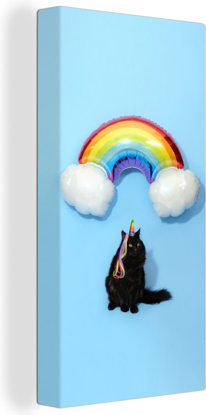 Canvas Schilderij Kat met een regenboog ballon - 20x40 cm - Wanddecoratie