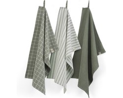 Walra Theedoeken Dry with Cubes, Stripes & Blocks - Keukenhanddoeken 3 x 50x70cm - Theedoeken en Keukendoeken set 100% Katoen - Legergroen Walra Theedoeken Dry with Cubes, Stripes & Blocks - Keukenhanddoeken 3 x 50x70cm - Theedoeken en Keukendoeken set 100% Katoen - Legergroen