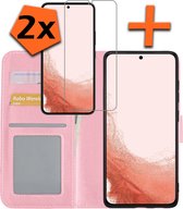 Hoesje Geschikt voor Samsung S22 Hoes Bookcase Flipcase Book Cover Met 2x Screenprotector - Hoes Geschikt voor Samsung Galaxy S22 Hoesje Book Case - Lichtroze