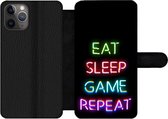 Bookcase Geschikt voor iPhone 11 Pro telefoonhoesje - Gaming - Led - Quote - Eat sleep game repeat - Gamen - Met vakjes - Wallet case met magneetsluiting