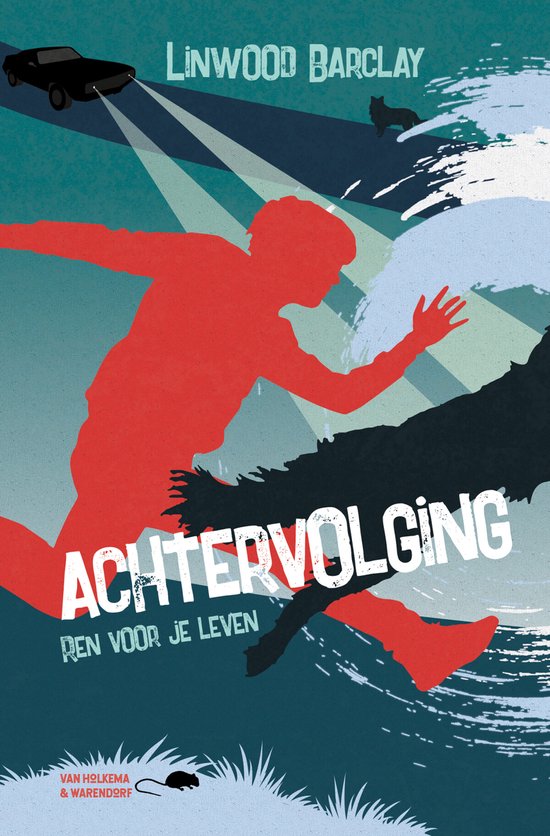 De cover van het boek 'ACHTERVOLGING' met een rode silhouet van een rennend persoon, een zwarte hond, een auto en de titel.