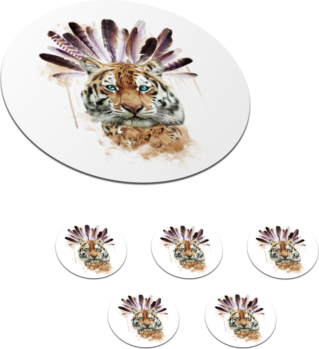 Onderzetters voor glazen - Rond - Tijger - Wit - Kop - 10x10 cm - Glasonderzetters - 6 stuks