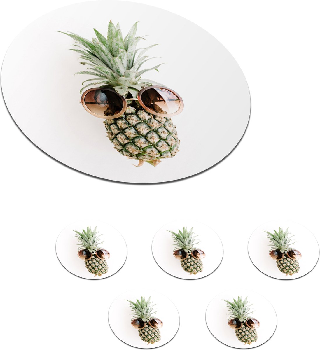 Onderzetters voor glazen - Rond - Zonnebril - Ananas - Tropisch - 10x10 cm - Glasonderzetters - 6 stuks