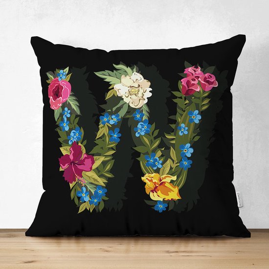 Velvet kussenhoes - Letter W van bloemen op zwart - 45x45 cm - Kussenloop - Fluweel - Valentijn Cadeau