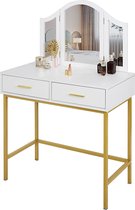 FURNIBELLA kaptafel met 3 spiegels, make-uptafel met 2 grote laden, opvouwbare make-upspiegel, 80 x 40 x 125 cm, wit + goud