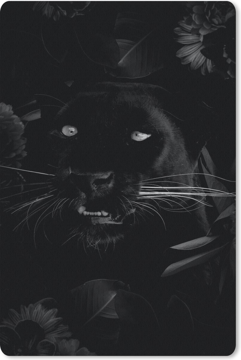 Muismat - Mousepad - Botanische panter op zwarte achtergrond - zwart wit - 40x60 cm