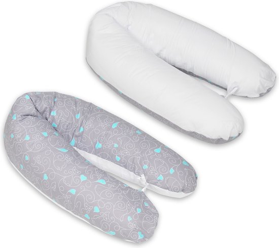 Voedingskussen - Voedingskussen - met koordjes - 145 cm - wit en grijs met katten