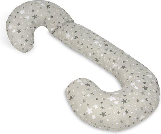 Voedingskussen - Body pillow - 240 cm - 100% katoen - grijs met antraciet en witte sterren
