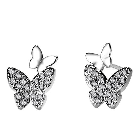 Zilver- oorbellen -twee vlindertjes-Zirkonia- Zilverkleur-Charme Bijoux