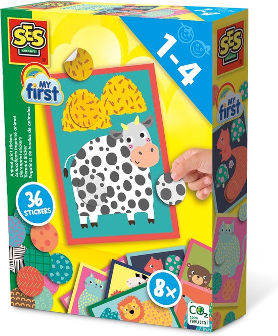 SES - My First - Dierenprint stickers - 8 kaarten met 36 stickers - plak de juiste kleuren en patronen op de kaart