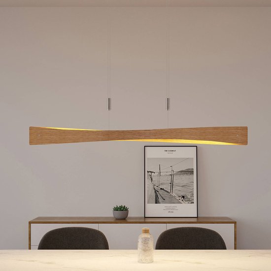 Lindby - Hanglamp- met dimmer - 1licht - staal, eikenhout - H: 9.8 cm - nikkel mat, hout licht - Inclusief lichtbron