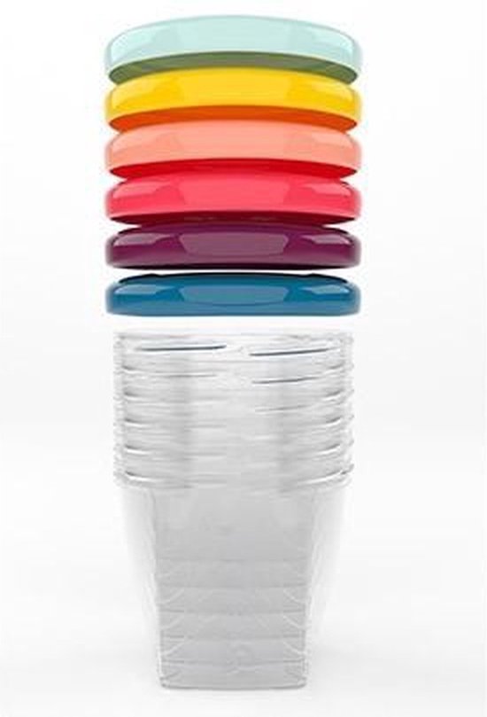 Stapel van zes gekleurde deksels (lichtblauw, geel, zalm, roze, paars, blauw) boven gestapelde transparante potten.