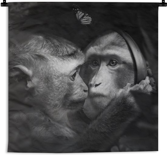 Wandkleed - Wanddoek - Dieren - Apen - Natuur - Zwart - Wit - 150x150 cm - Wandtapijt