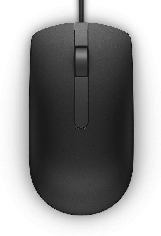 Souris optique Dell noire filaire, vue de dessus, avec molette.