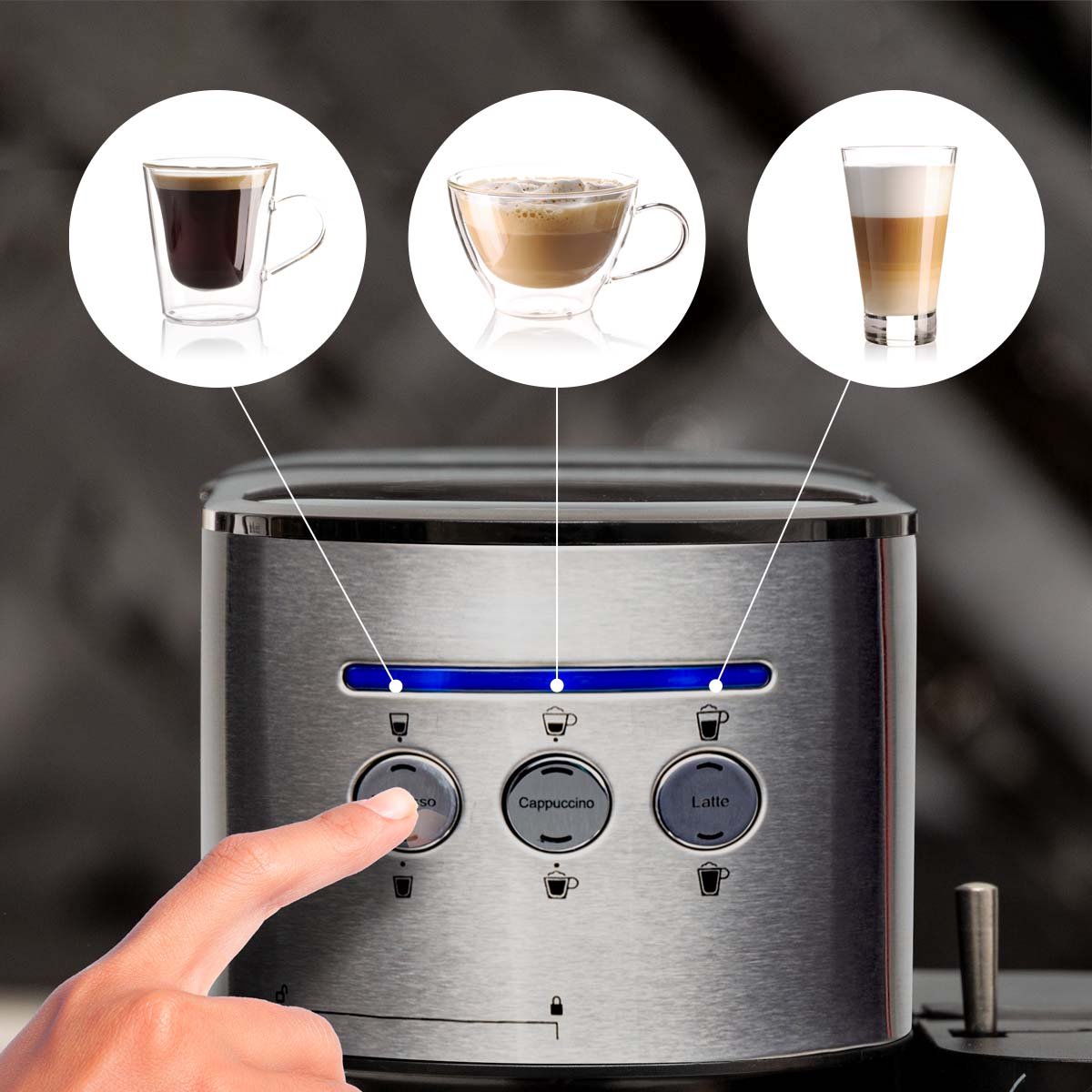 Afbeelding 3 van BluMill Koffiemachine - Pistonmachine - Incl. automatische melkschuimer - Zilver